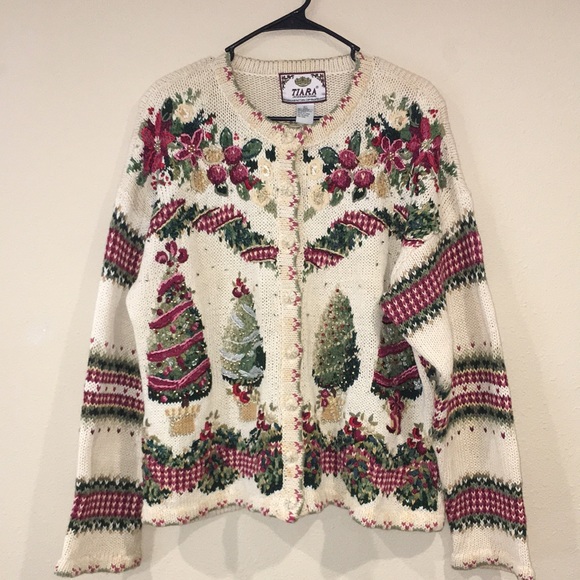 Tiara Sweaters Ladies Tiara Vintage Christmas Tree Embroidered Button Knitted Sweater Sz L